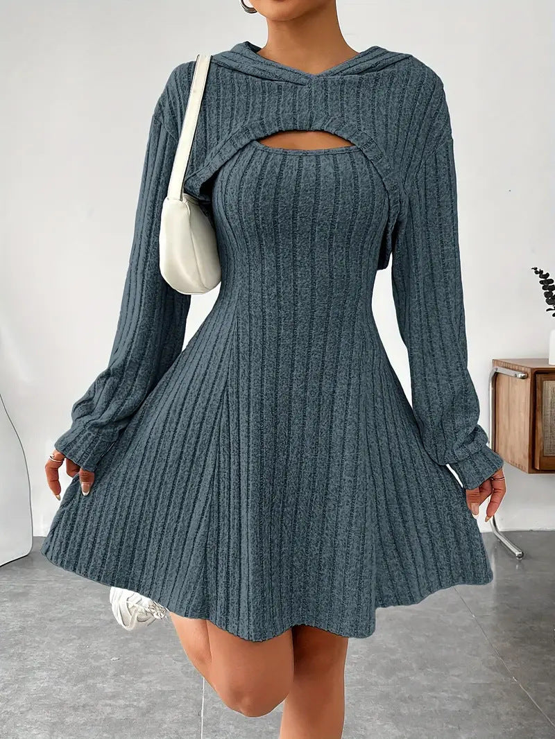 Women's Two-piece Set Dresses New Fashion Fall Winter Hooded Shawl Long-sleeved Vest Short Skirt