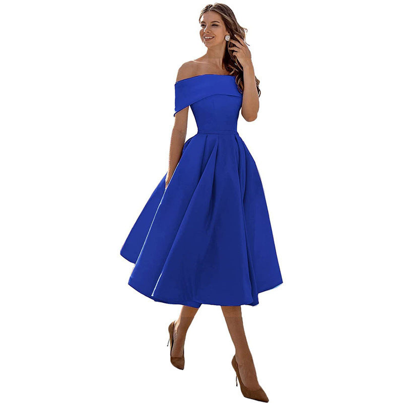 Women's Fashion Casual Strapless Satin Party Dress Off The Shoulder Tea Length Satin Prom Dresses With Pockts Formal Evening Party Dress