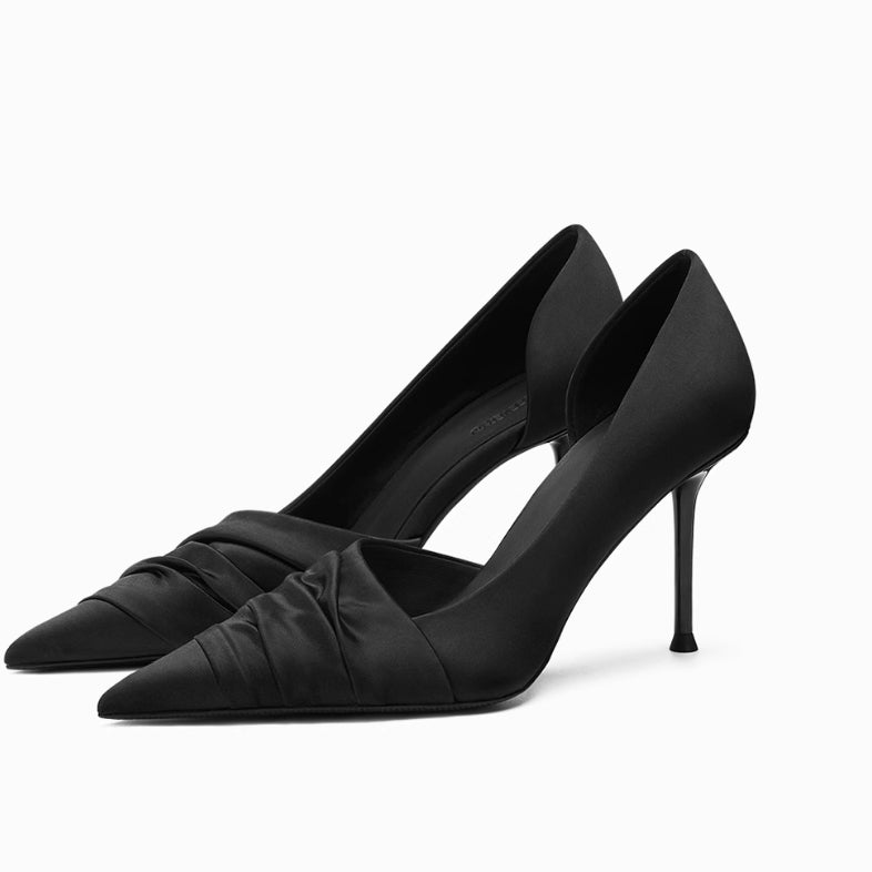 Black Cloth Satin Side Empty High Heels