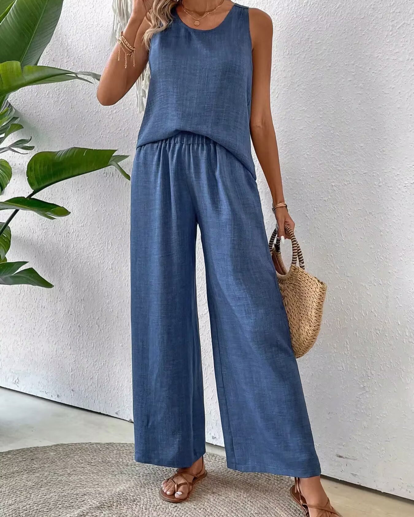 2 Pieces Set Women's Sleeveless Solid Color Back Hollow Lace Suit Summmer Trendy Casual Top Wide Leg Pants Set For Daily Wear Holiday Outfit