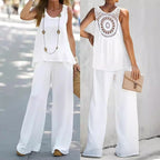 2 Pieces Set Women's Sleeveless Solid Color Back Hollow Lace Suit Summmer Trendy Casual Top Wide Leg Pants Set For Daily Wear Holiday Outfit