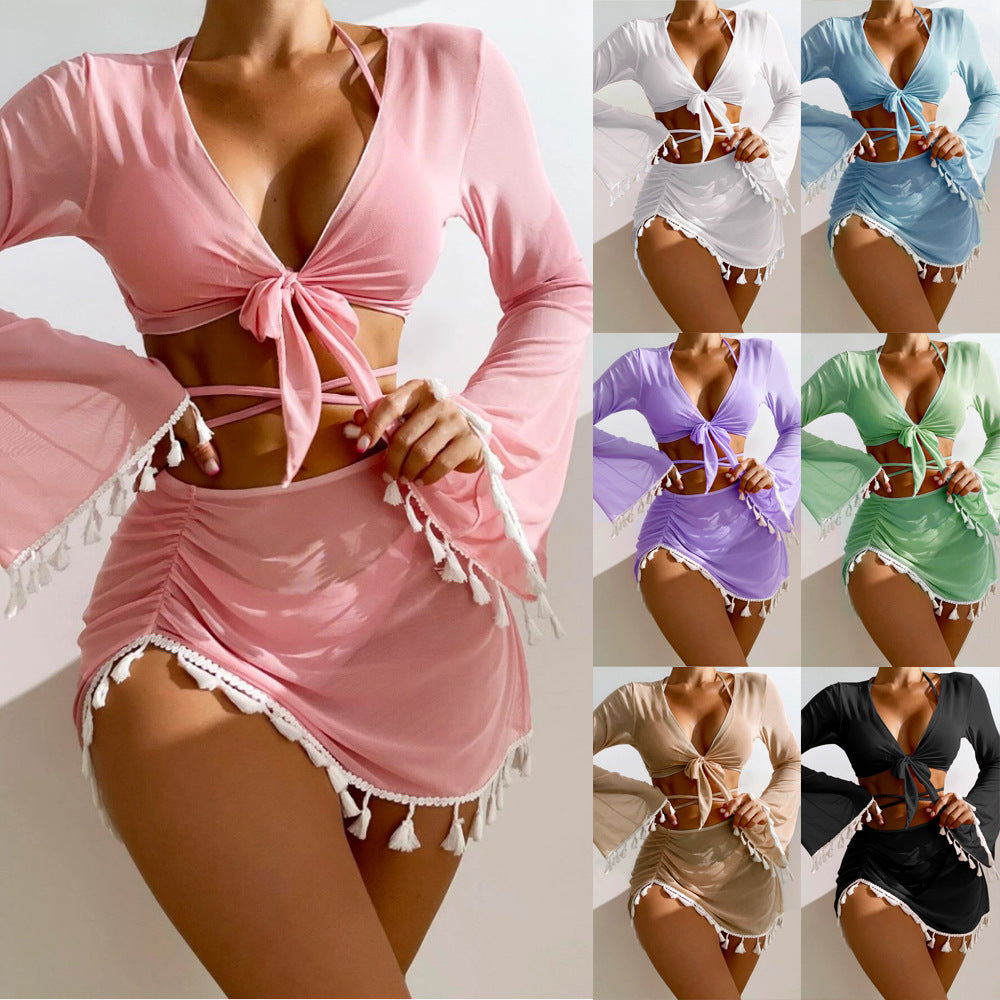 Women's 4-Piece Bikini Set with Cover-Up - Bow Tie Fringed Swimsuit
