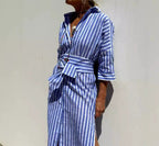 Striped Shirt Dress With Belt Fashion Half-sleeved Lapel Button Cardigan Dresses Women's Clothing