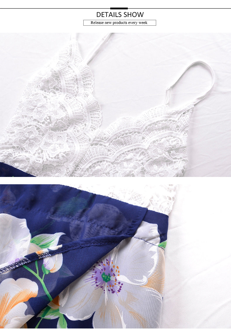 USA SIZE Lace stitching printed sling V-neck holiday beach long skirt split cheongy dress