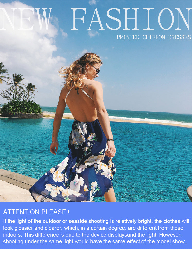 USA SIZE Lace stitching printed sling V-neck holiday beach long skirt split cheongy dress