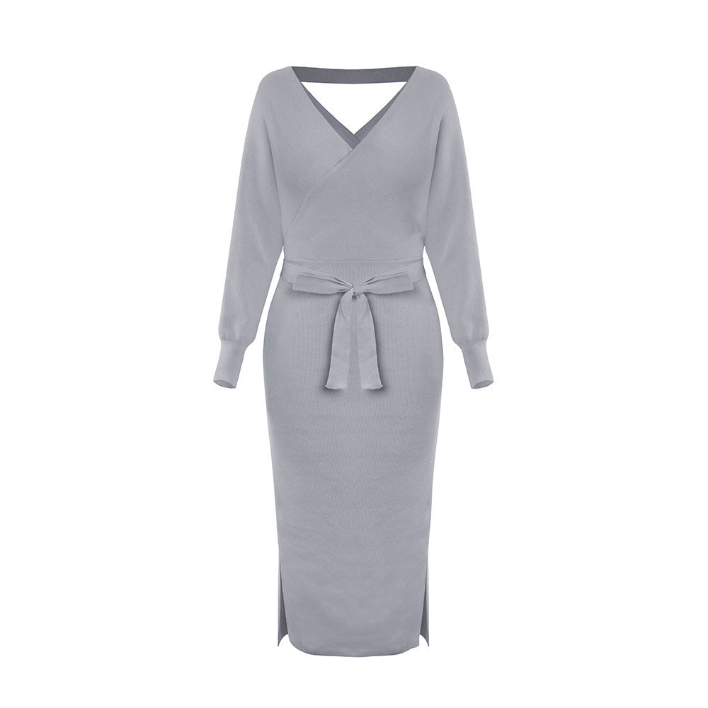 The New Autumn And Winter Knitted Dress Slim Double V-Neck Sweater Skirt Can Be Used As A Cross-Border Amazon Product