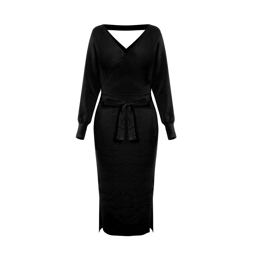 The New Autumn And Winter Knitted Dress Slim Double V-Neck Sweater Skirt Can Be Used As A Cross-Border Amazon Product