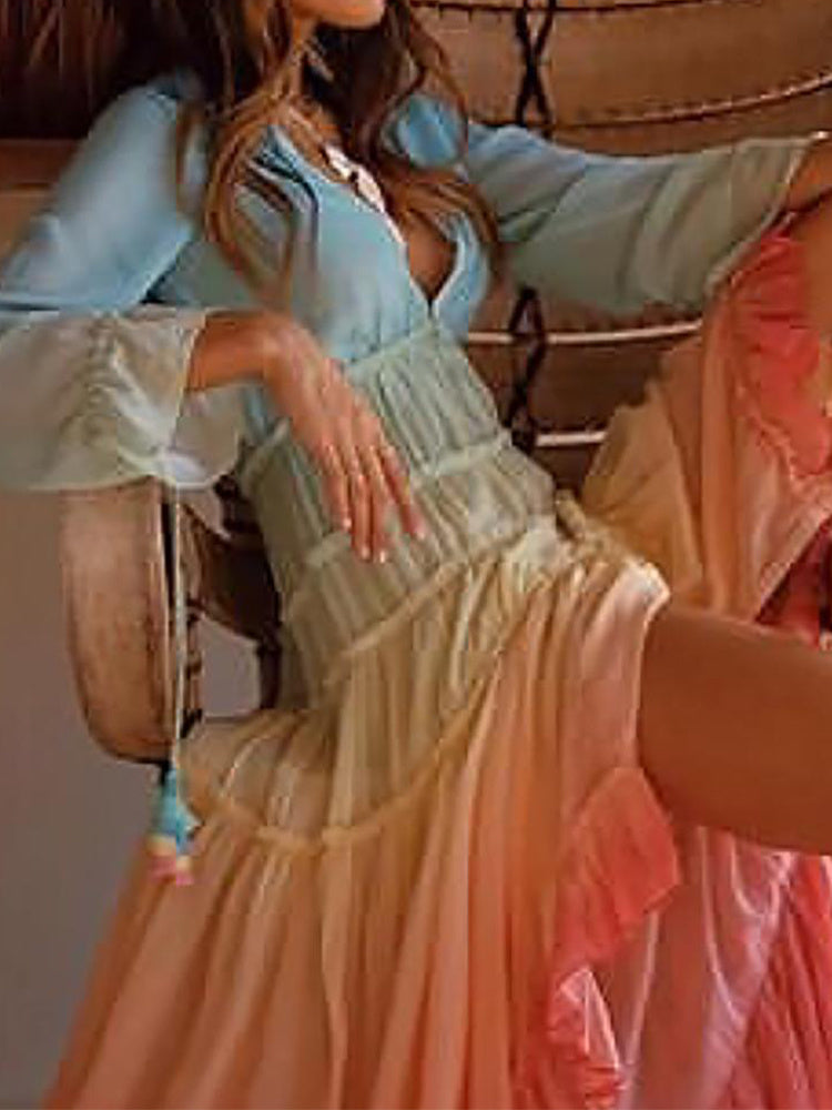 Summer And Winter European And American Foreign Trade Women's Ebay Amazon Deep V Long-sleeved Gradient Printing Dress Long Skirt