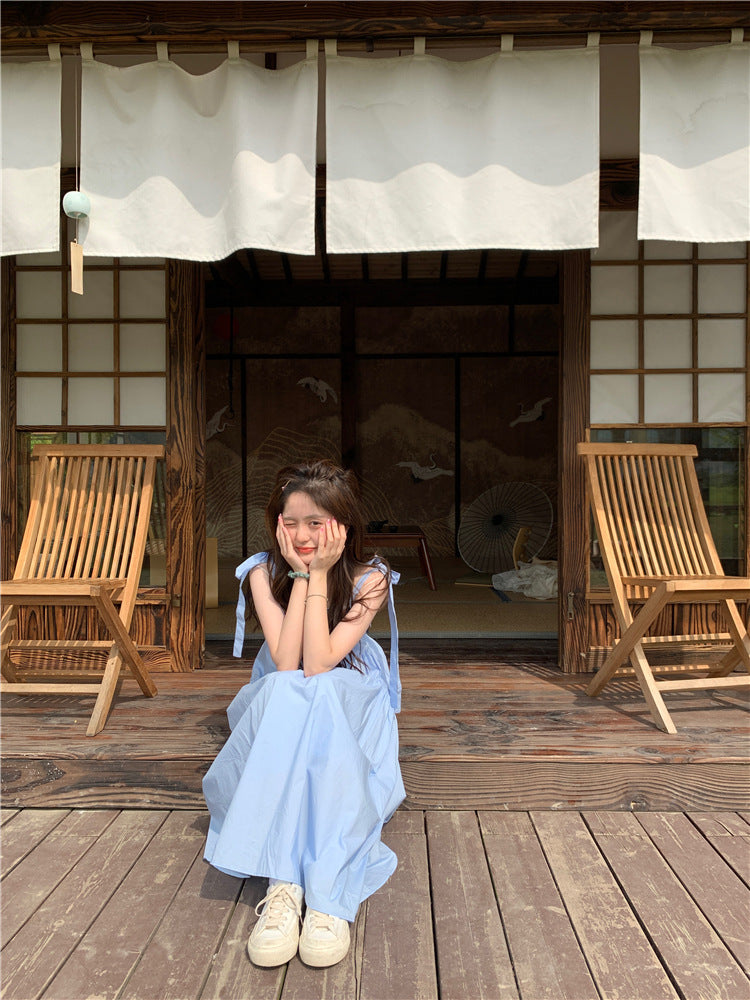 French Gentle Wind Fairy Skirt Lace-up Bow-knot Temperament Suspender Dress