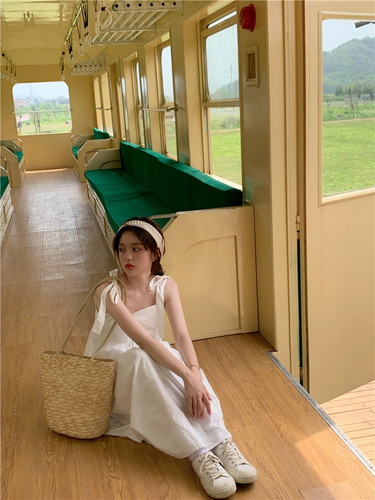 French Gentle Wind Fairy Skirt Lace-up Bow-knot Temperament Suspender Dress