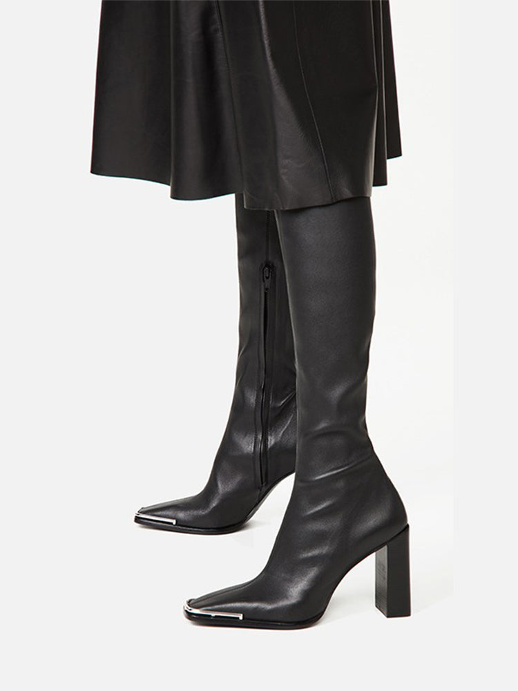 Chunky Heel Leather Slim Out Knee Boots