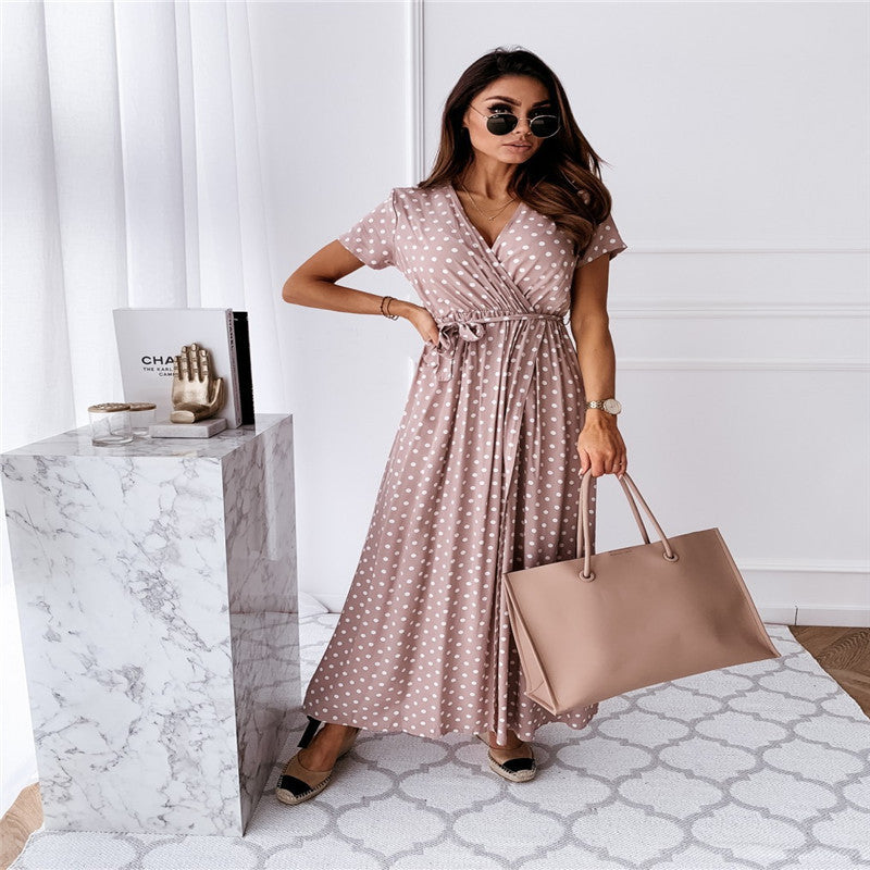 V-neck Bohemian Polka Dot Print Dress Long Skirt