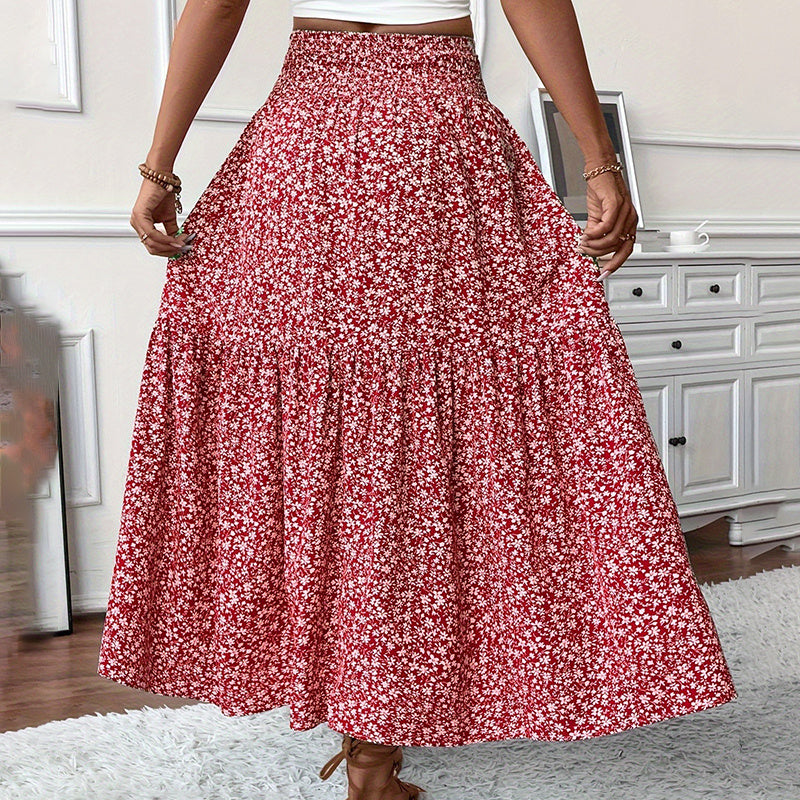 Women's Boho Floral Maxi Skirt - High Elastic Waist, Pleated A-Line Long Skirt