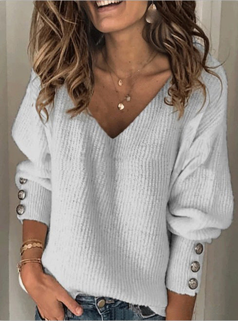 All-match Knitted V-neck Loose Long-sleeved T-shirt