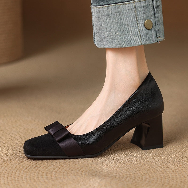 Retro Square Head Stitching Chunky Heel Pumps Women's Spring And Autumn New Bow Low-cut High Heels