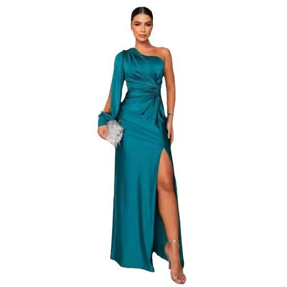 Women's One-shoulder Split Dress Ins Fashion Long-sleeved Slim Long Dresses Party Evening Clothing