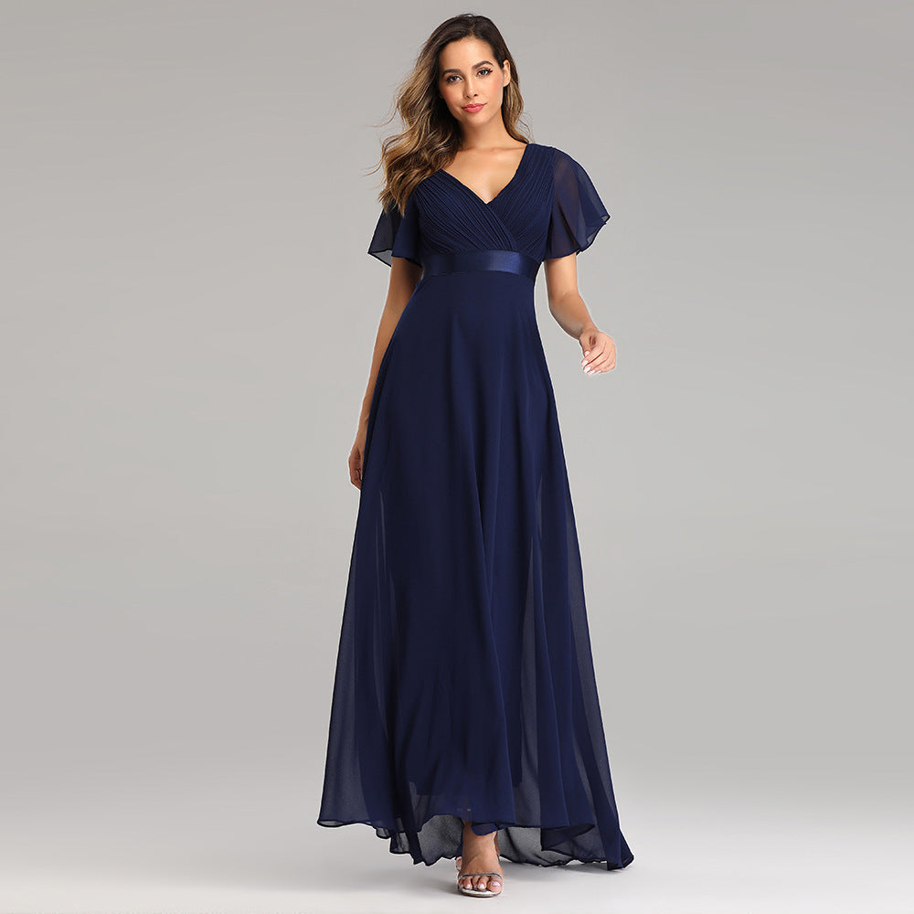 Elegant V-Neck Flared Sleeve Chiffon Maxi Dress For Women - Stretchy A-Line Party Evening Gown With Handmade Pleats