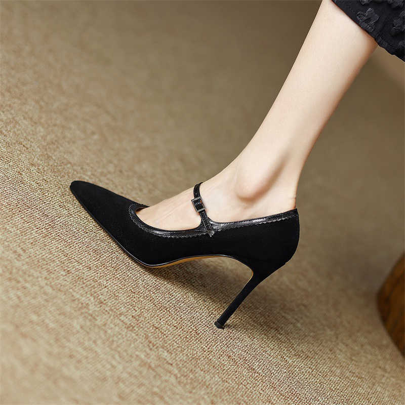 Women's Stiletto Heel Genuine Leather Buckle Pointed Toe Low-cut Shoes