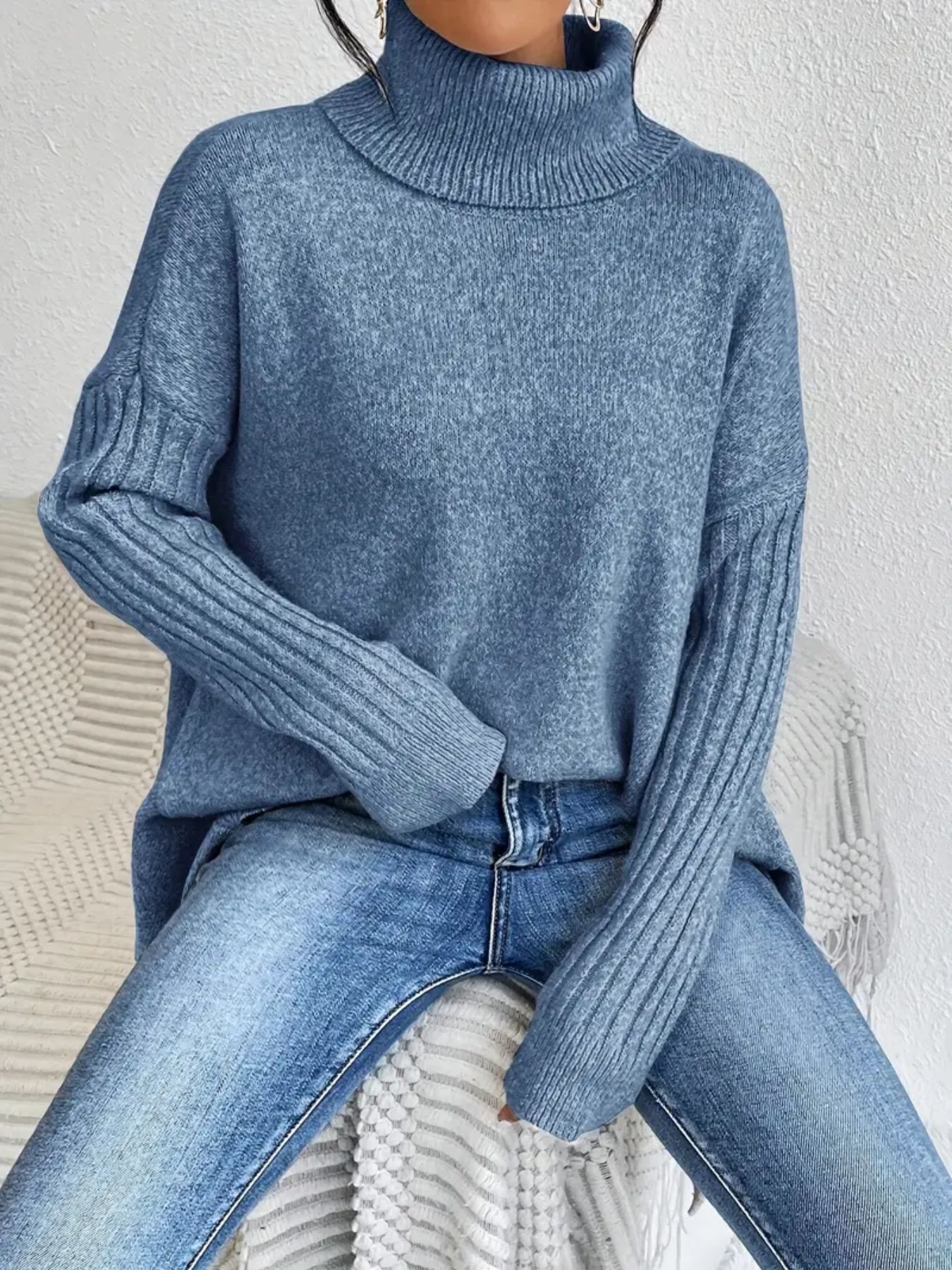 Irregular Turtleneck Sweater Winter Loose Long Sleeve Knitted Tops Leisure Warm Pullover Sweater Women's Clothing