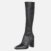 Chunky Heel Leather Slim Out Knee Boots