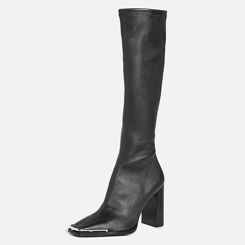 Chunky Heel Leather Slim Out Knee Boots