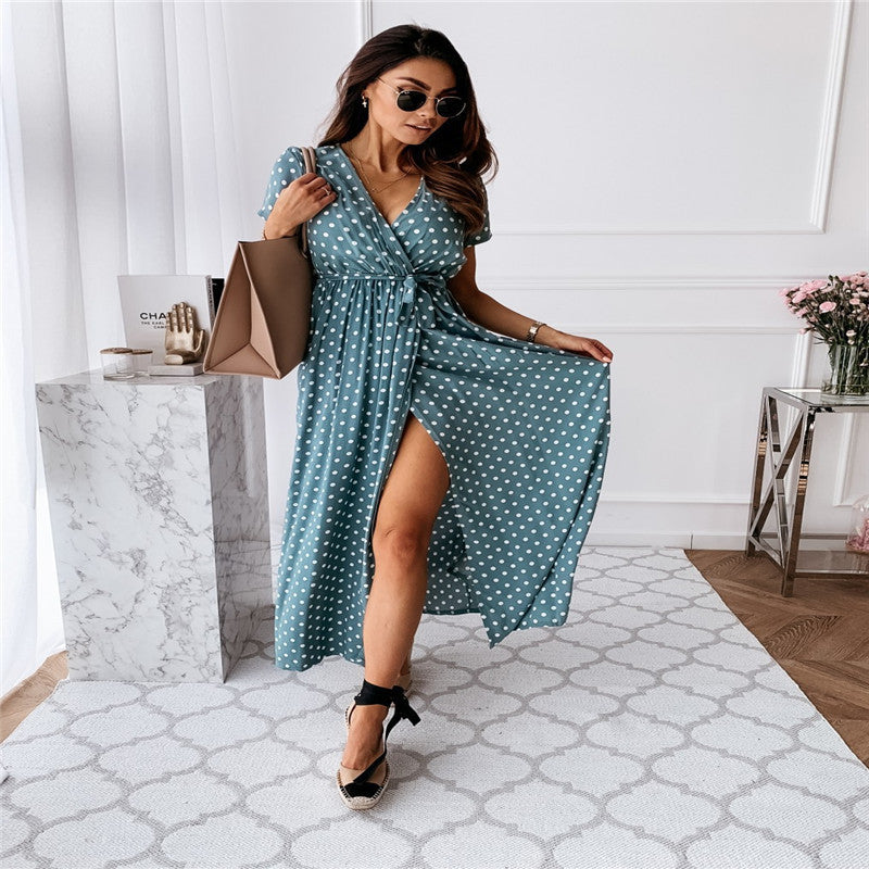 V-neck Bohemian Polka Dot Print Dress Long Skirt