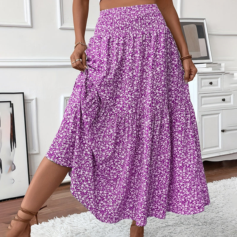 Women's Boho Floral Maxi Skirt - High Elastic Waist, Pleated A-Line Long Skirt
