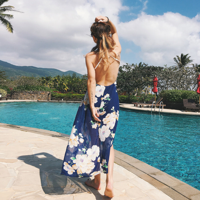 USA SIZE Lace stitching printed sling V-neck holiday beach long skirt split cheongy dress