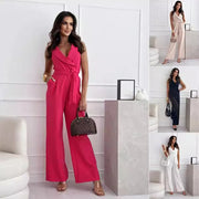 V-neck Sleeveless Jumpsuit With Belt Design Summer Fashion Trousers Women's Clothing