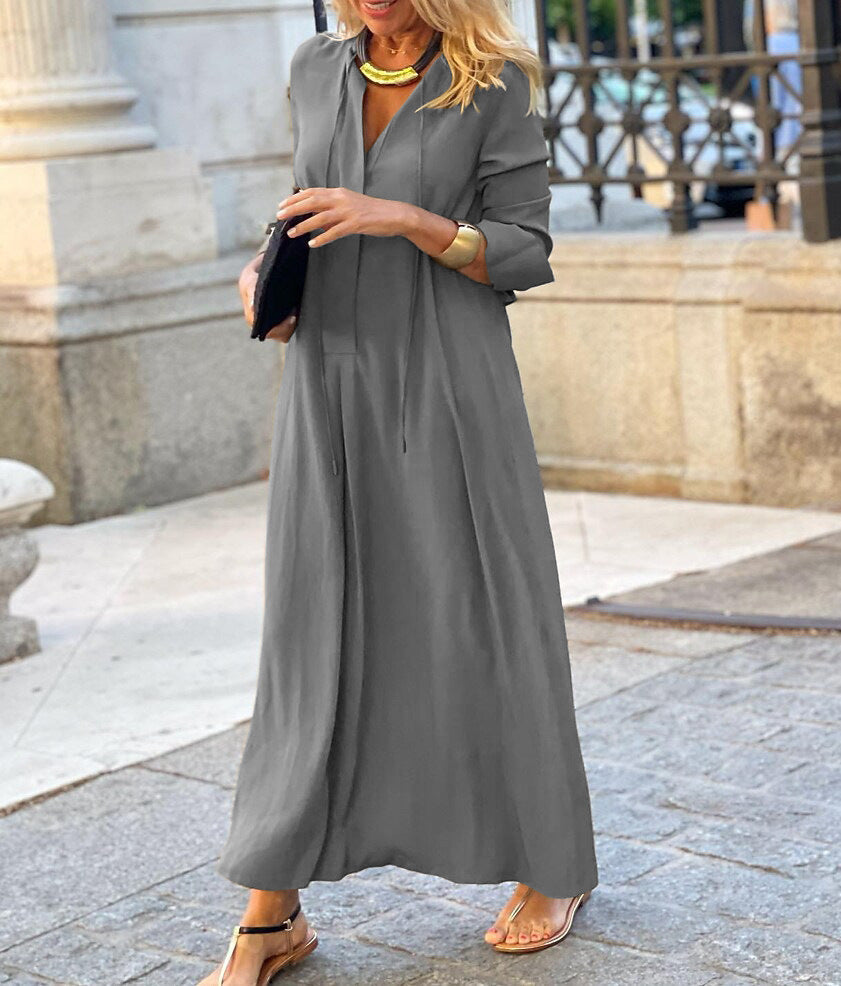 Long-sleeved Shirt Dress Fashion Loose V-neck Long Dresses Spring And Autumn Clothing For Women