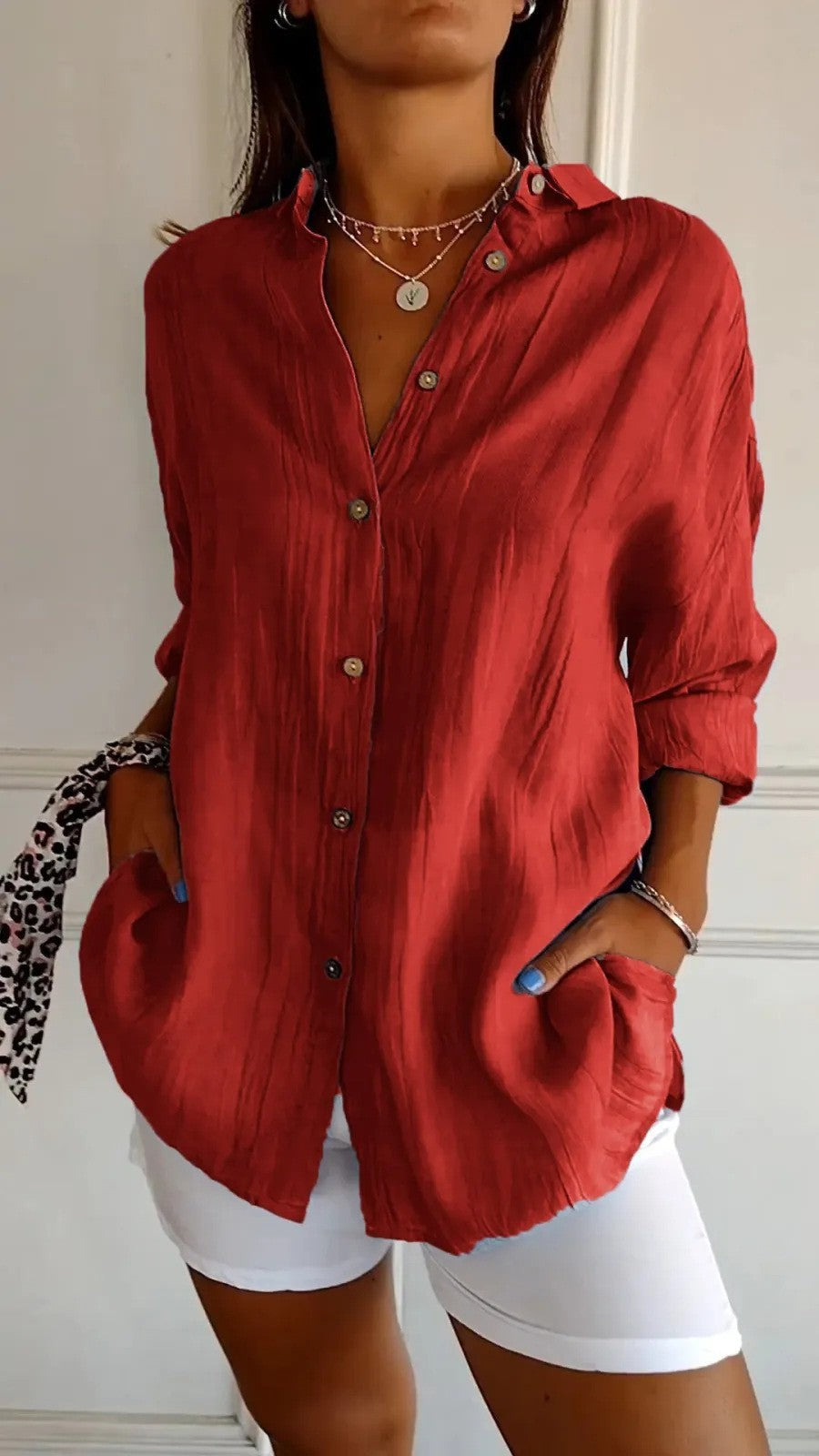Popular Spring And Summer New Women's Loose Open Button Shirt Solid Color Top