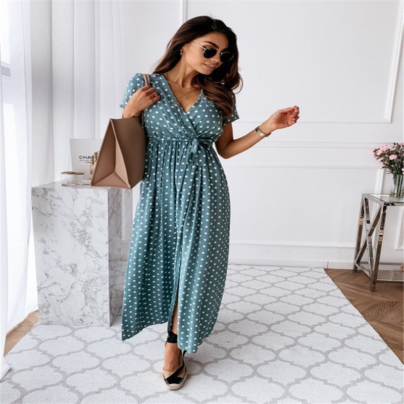 V-neck Bohemian Polka Dot Print Dress Long Skirt