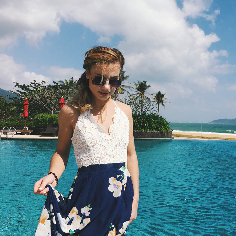 USA SIZE Lace stitching printed sling V-neck holiday beach long skirt split cheongy dress