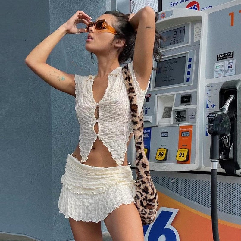 Spring Summer Solid Color Lapel Breasted Top Suit Skirt - Chiffons