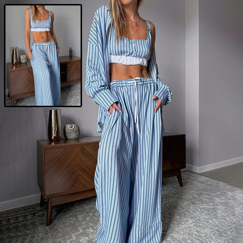 Women's 3 Piece Suit  Y2K Aesthetic Striped Tank Top Long Sleeve Shirt And Elastic Waist Stretch Trousers For Casual Wear