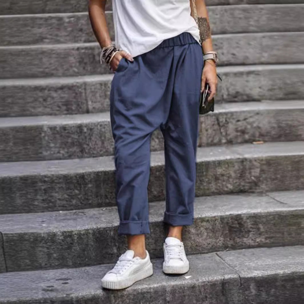 Women's Casual Pants With Pockets Elastic High Waist Harem Trousers Fashion Streetwear Clothing