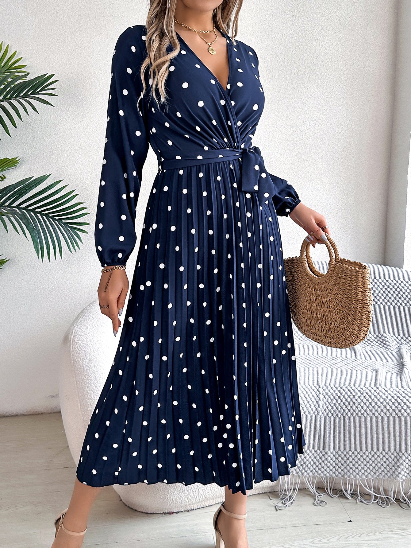 Spring Summer Elegant Long Dress Cross V-Neck Contrast Polka Dot Long Sleeve Pleated Bridesmaid Dresses