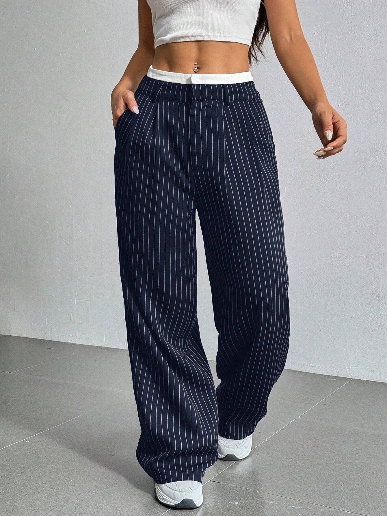 Stripe Printed Trousers Fashion High Waist Straight Leg Pants With Pocket Zipper Casual Suit Pants For Women