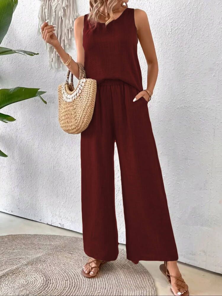 2 Pieces Set Women's Sleeveless Solid Color Back Hollow Lace Suit Summmer Trendy Casual Top Wide Leg Pants Set For Daily Wear Holiday Outfit