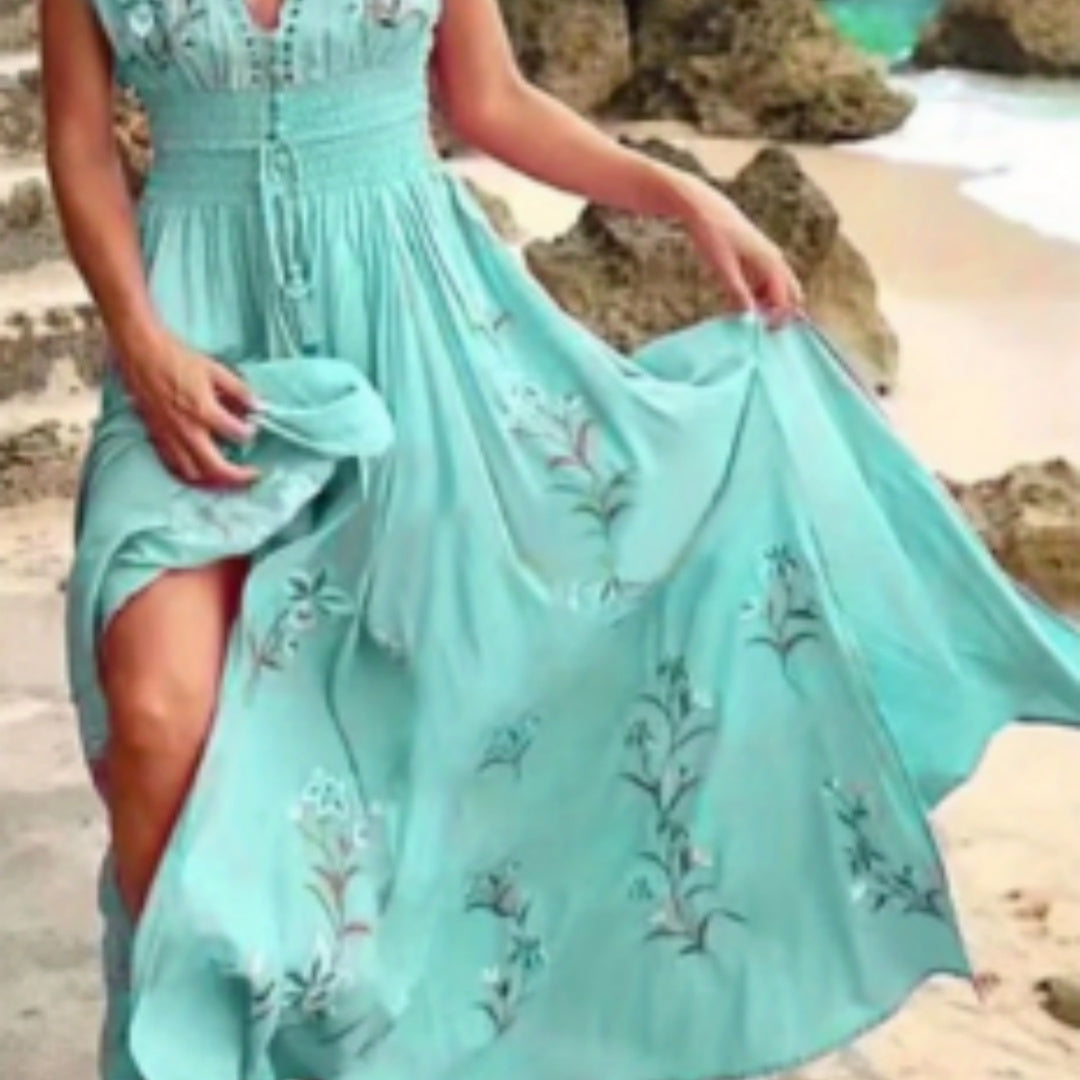 New V-neck Fringed Bohemian Print Long Skirt Summer Sleeveless Loose Casual Beach Dress