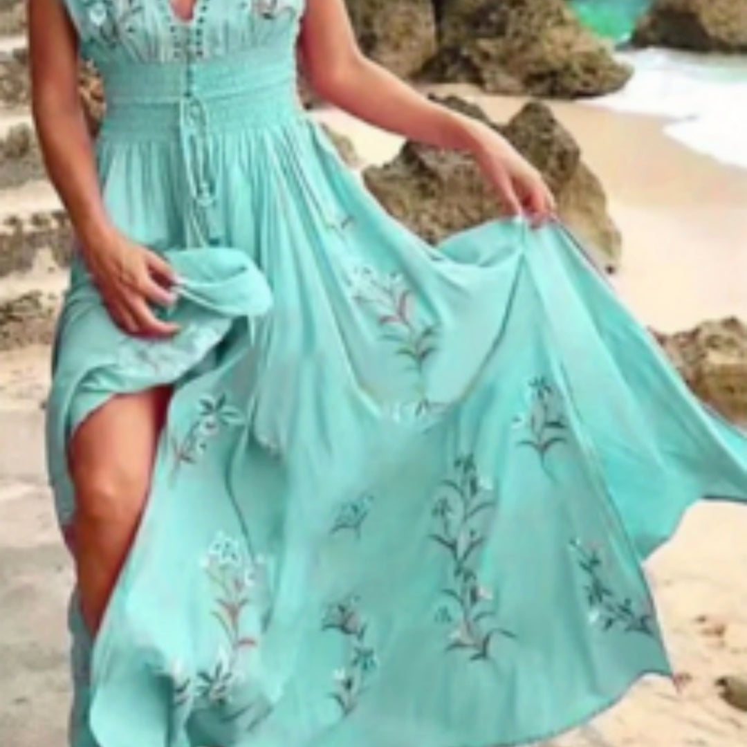 New V-neck Fringed Bohemian Print Long Skirt Summer Sleeveless Loose Casual Beach Dress