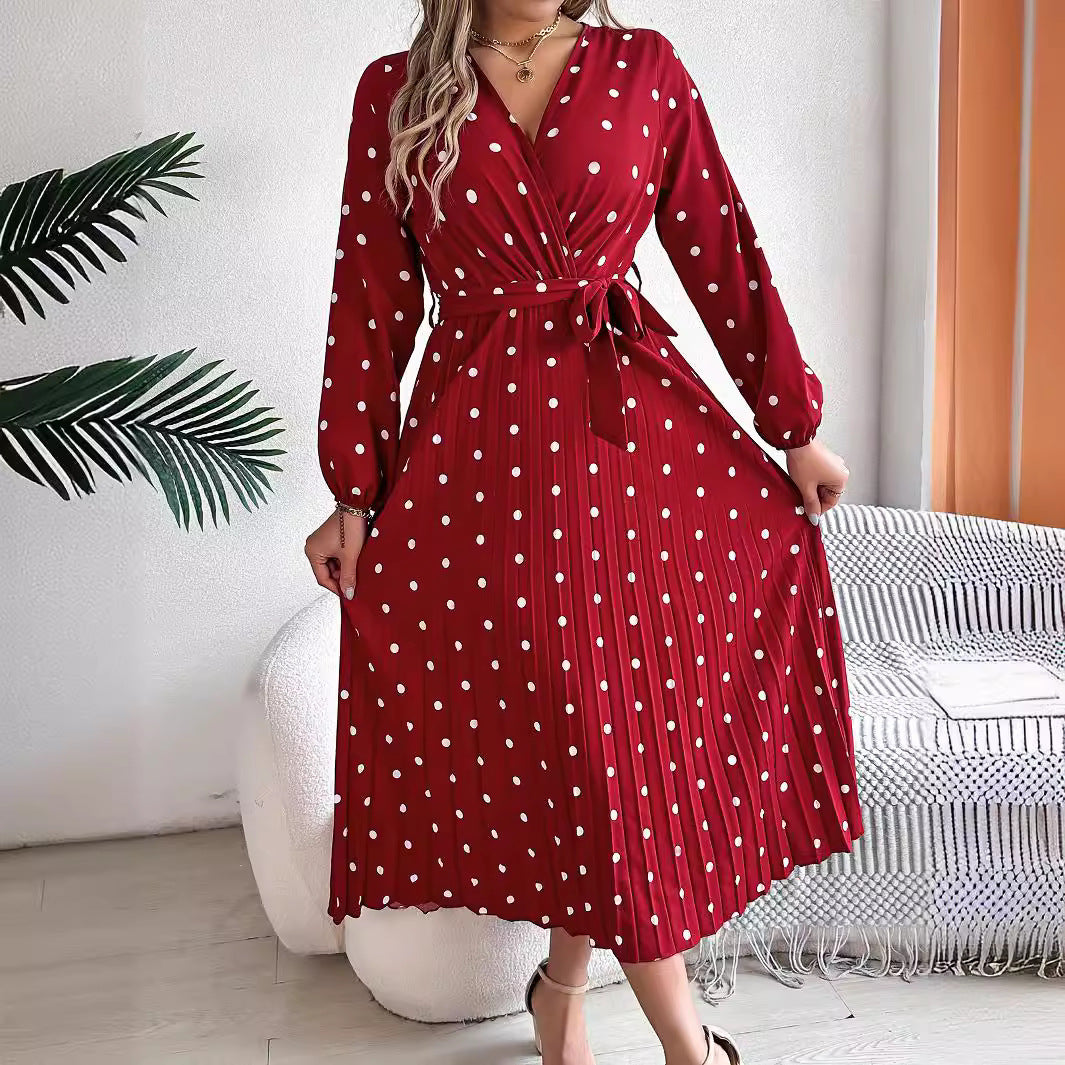 Spring Summer Elegant Long Dress Cross V-Neck Contrast Polka Dot Long Sleeve Pleated Bridesmaid Dresses