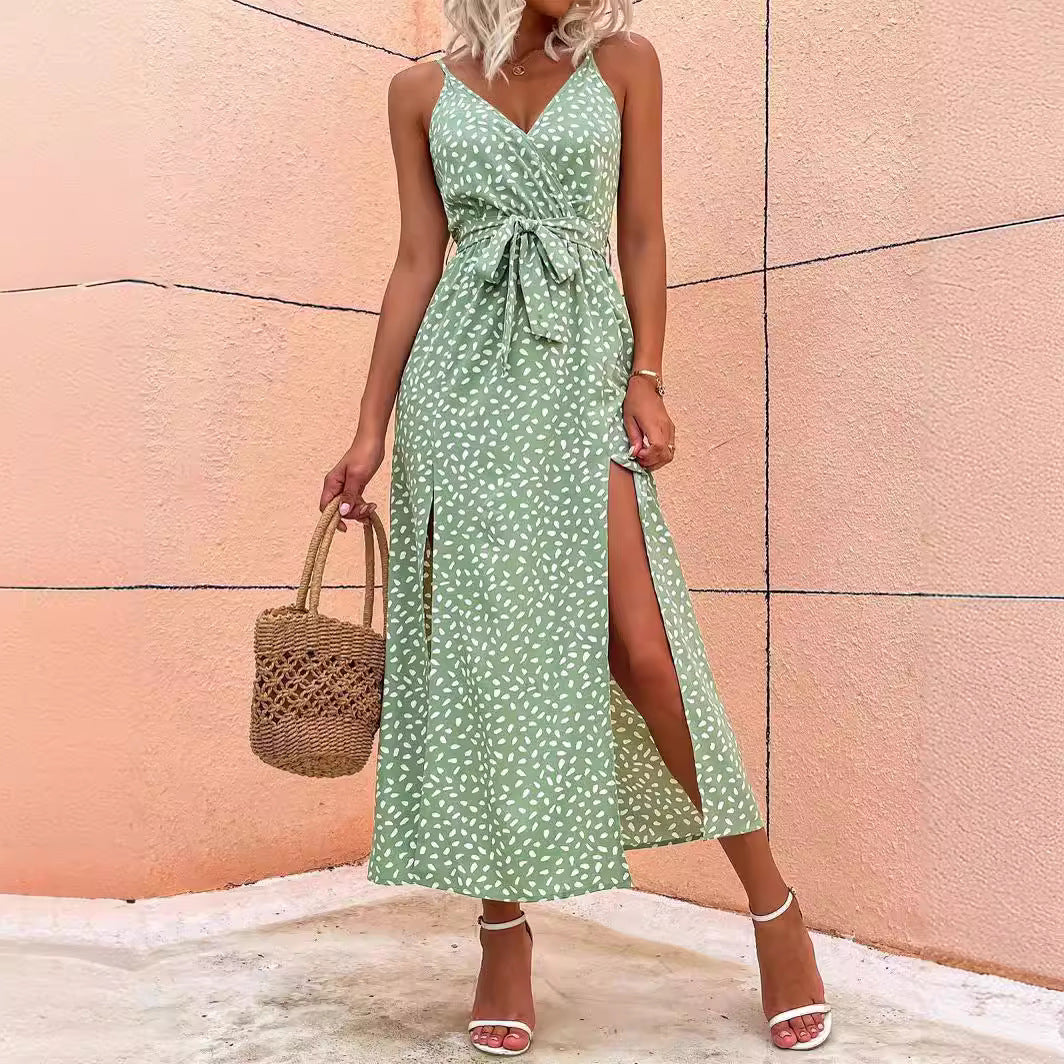 V-neck Suspender Floral Lace-up Dress Women's Long Skirt Beach Dress