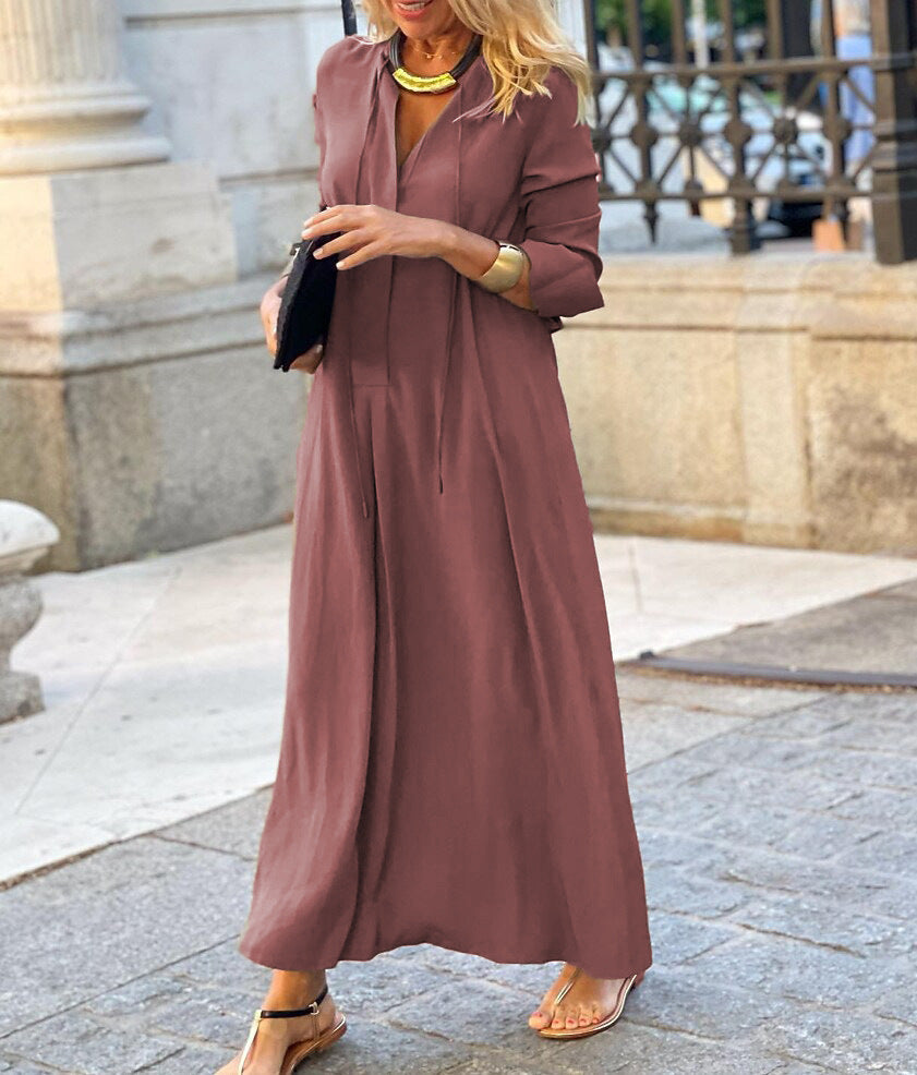 Long-sleeved Shirt Dress Fashion Loose V-neck Long Dresses Spring And Autumn Clothing For Women