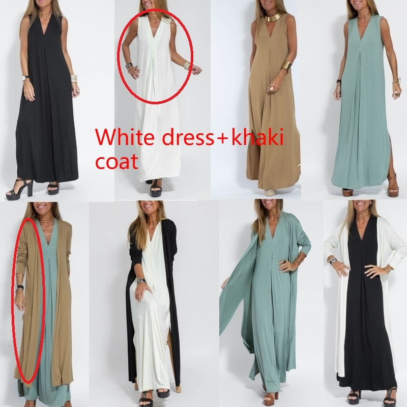 New Solid Color V-neck Sleeveless Dress Long Cardigan Jacket Suit For Women