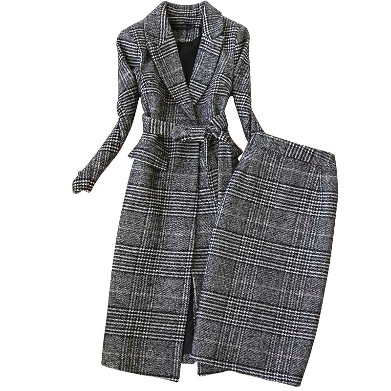 Check Coat Suit Skirt Set - Chiffons