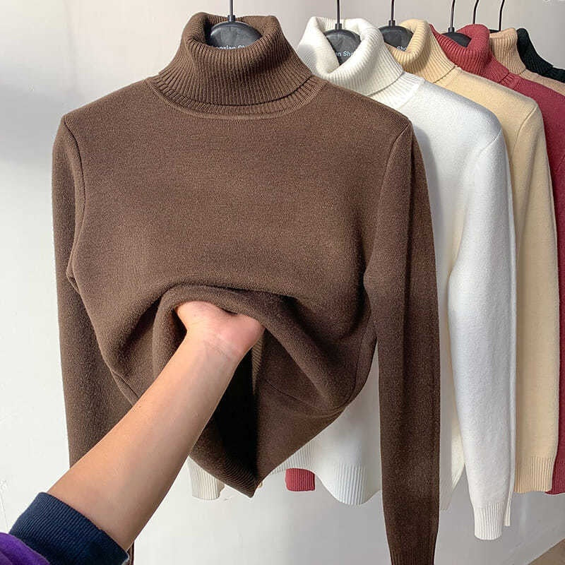 Fleece Turtle Neck Sweater Winter Warm Elegant Thick Knitted Pullover Tops Women's Clothing