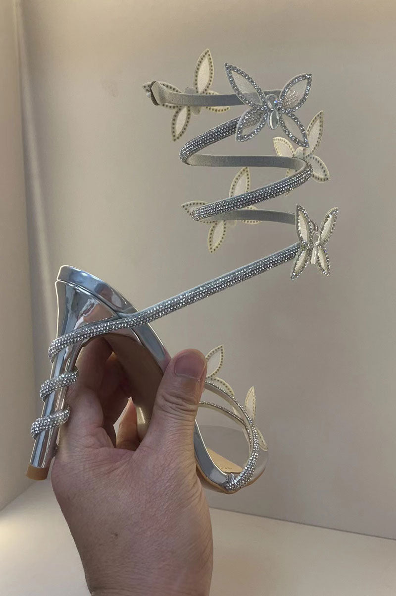 Snake Butterfly Rhinestone Flower Stiletto Heel Roman Sandals