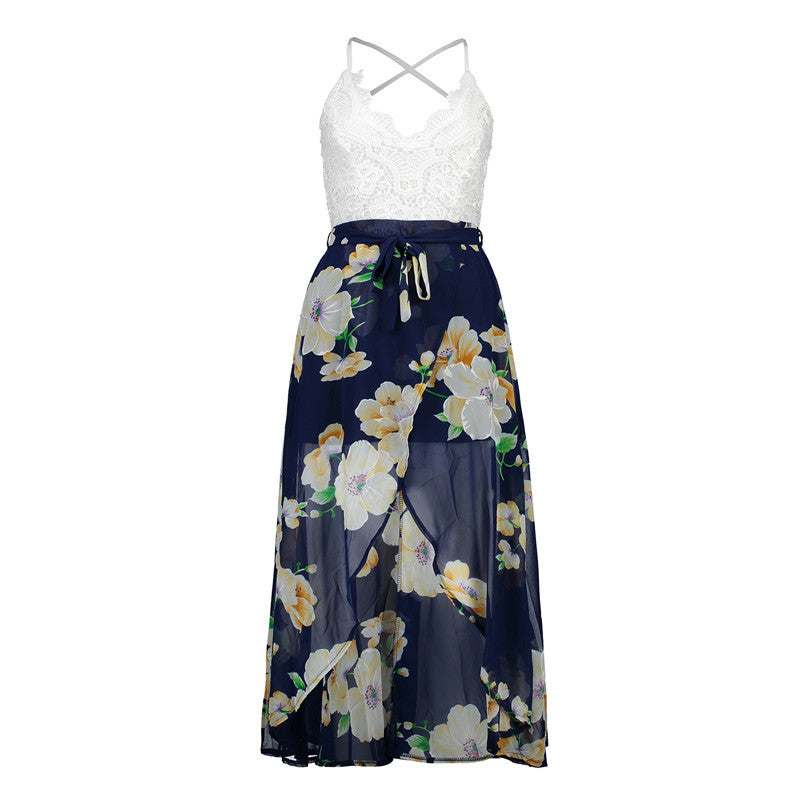 USA SIZE Lace stitching printed sling V-neck holiday beach long skirt split cheongy dress