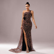 One-shoulder Diagonal Collar Leopard Sequined Evening Dress